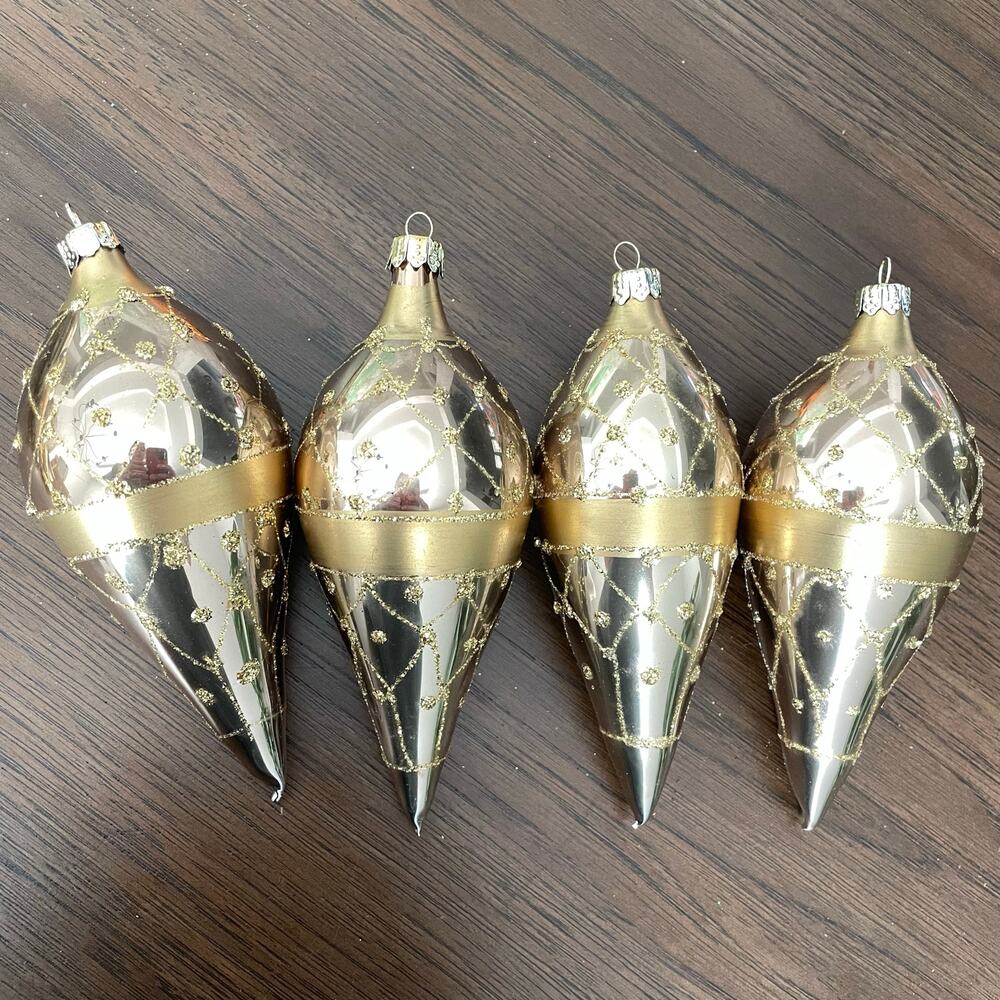 Hand Blown Gold Fluted Ornament Glitter Lot of 4 Teardrop Christmas Ornaments